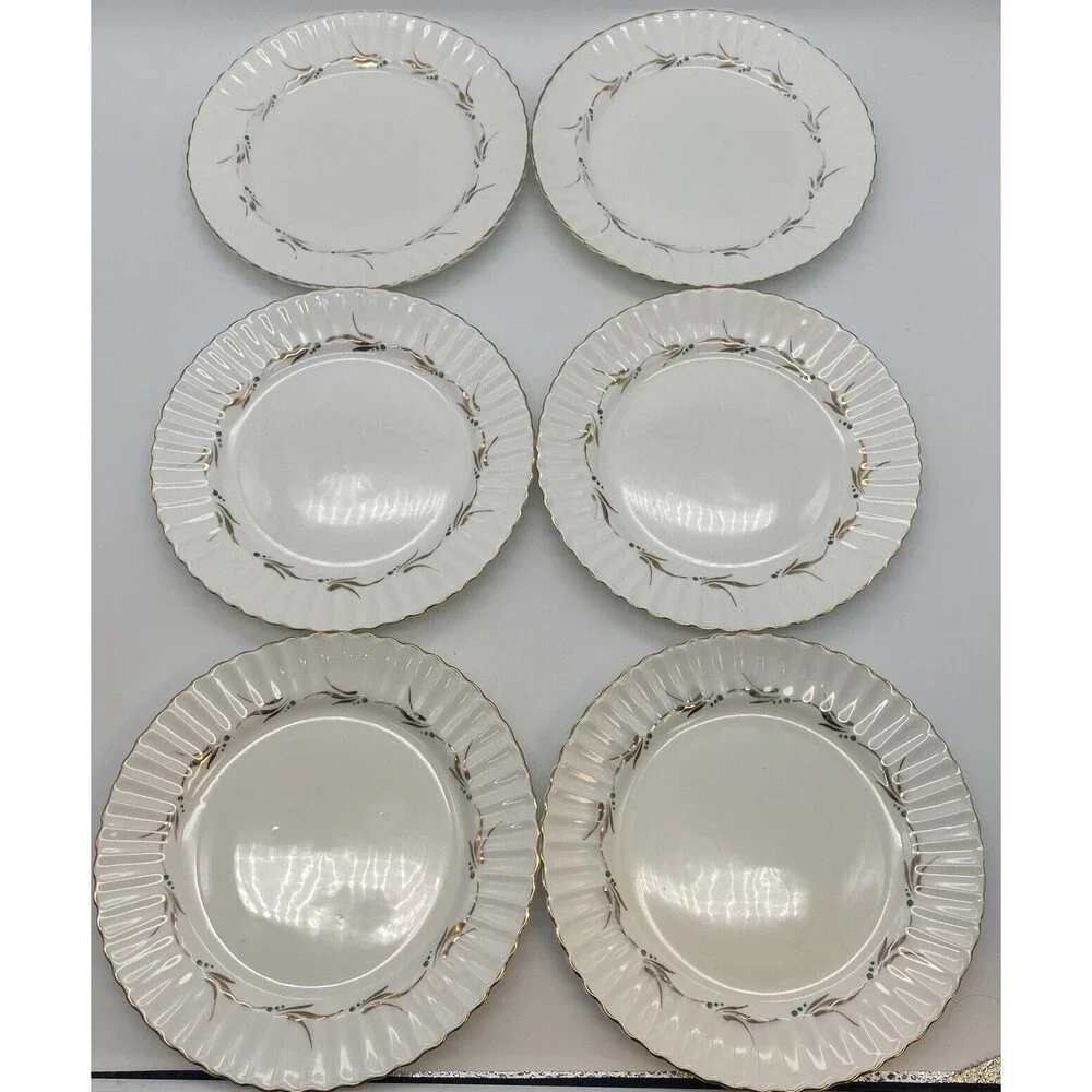 Fondeville EmbassyWare England Bone China Gold Leaf Cut Trim Set Of 6 Plates